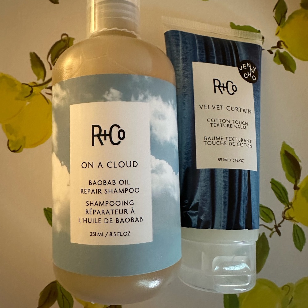 R+CO Velvet Curtain Cotton Touch Hair Texture Balm and On A Cloud Shampoo Bundle